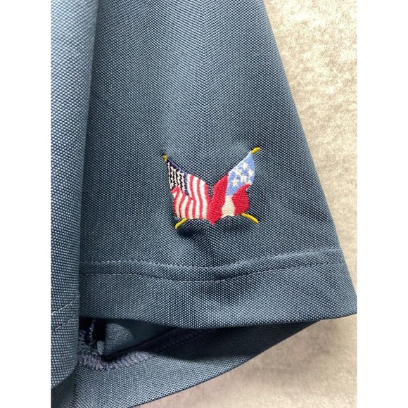 C. Defoor Mens Polo Shirt 3 button Navy Blue Short Sleeve Flag Logo Size Medium - Picture 4 of 5